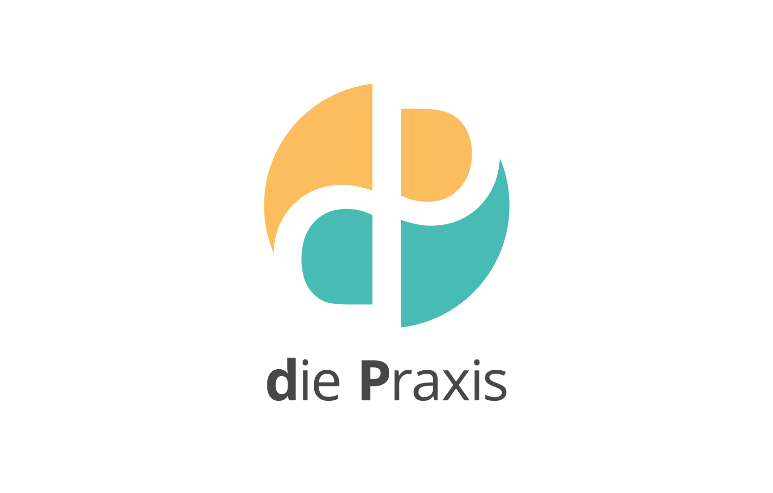 Logodesign für dP-die Praxis. Eine Grafik in Orange und Türkis mit dunkel grauer Typografie.