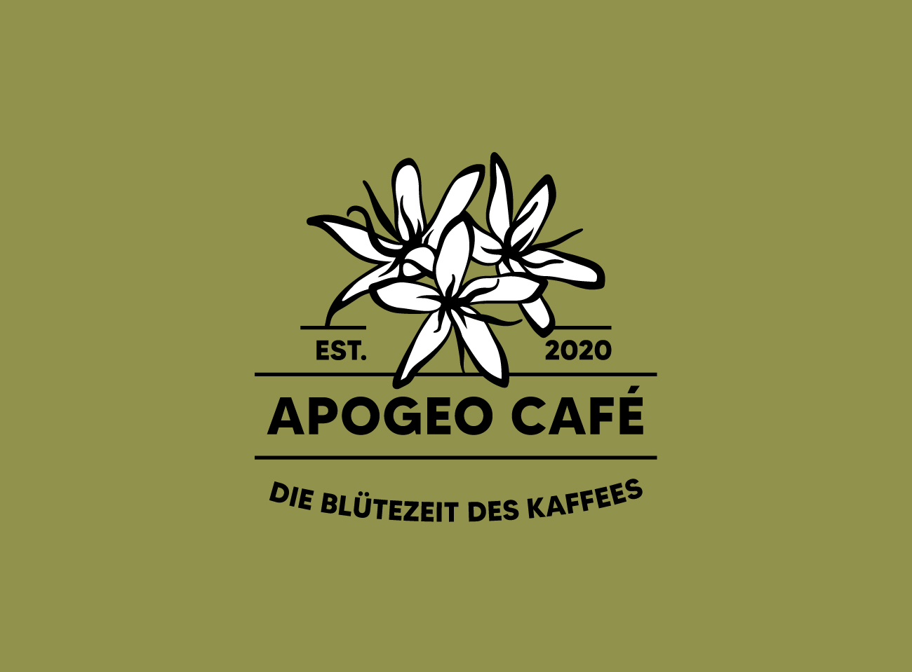 Logodesign für Apogeo Café. Weiße Blüten Illustration mit schwarzer Typografie auf olivfarbenem Hintergrund.