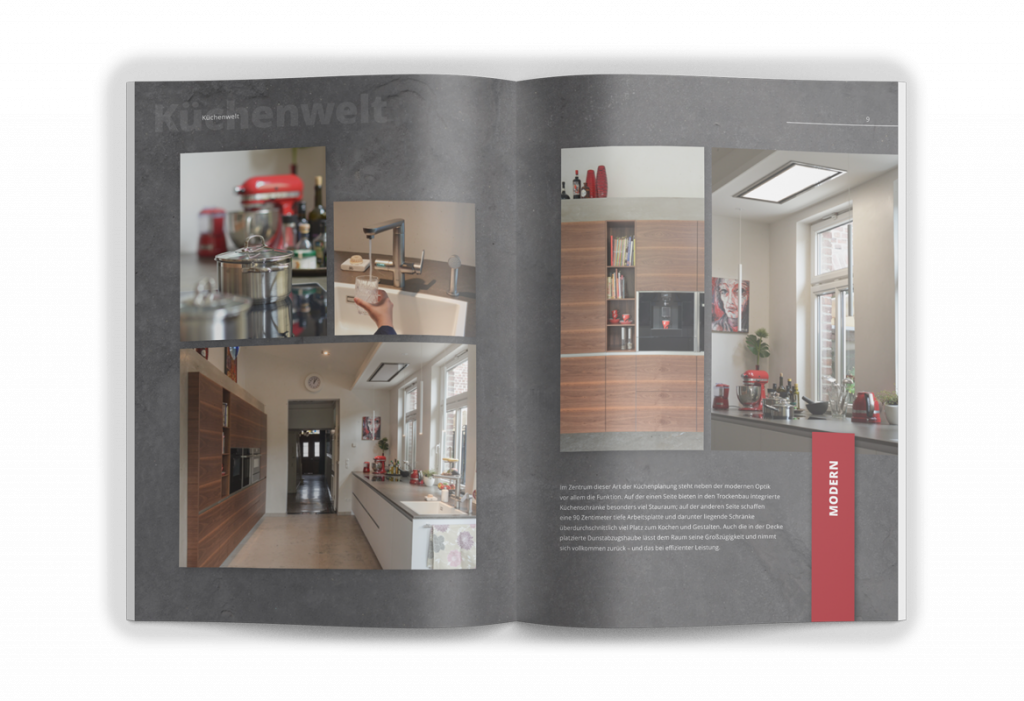 Mockup eines Booklets: Grafikdesign und Layout des Katalogs in dunklem Grau und Rot unterstreichen die Wertigkeit der Produkte von die küche Kempen.