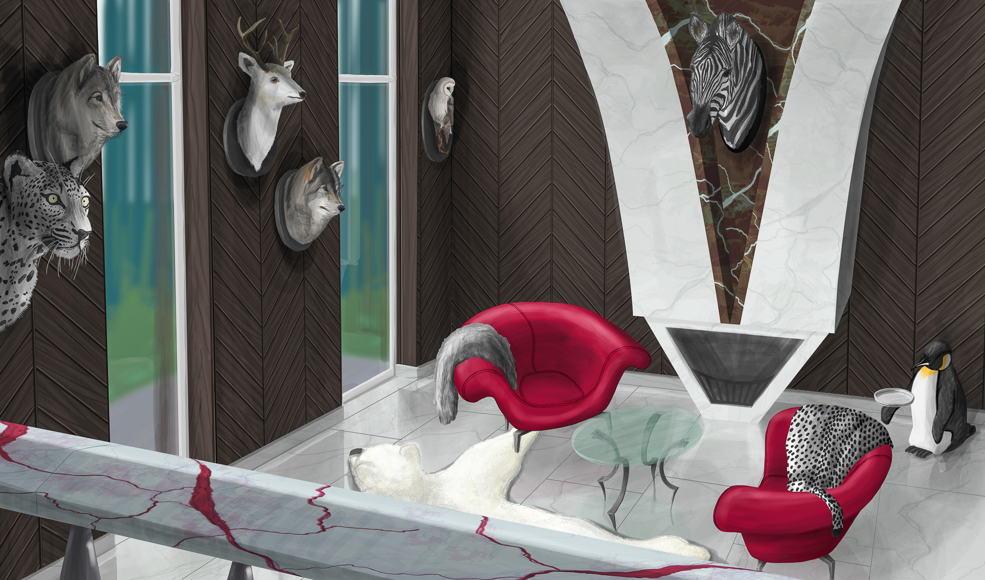 Digitale Zeichnung: Die Illustration zeigt ein kaltes Wohnzimmer. Das Interior Design ist elegant, teuer und unnahbar. Man sieht, Leder, ausgestopfte Tiere, Felle und kalte glatte Oberflächen wie Marmor und Glas.